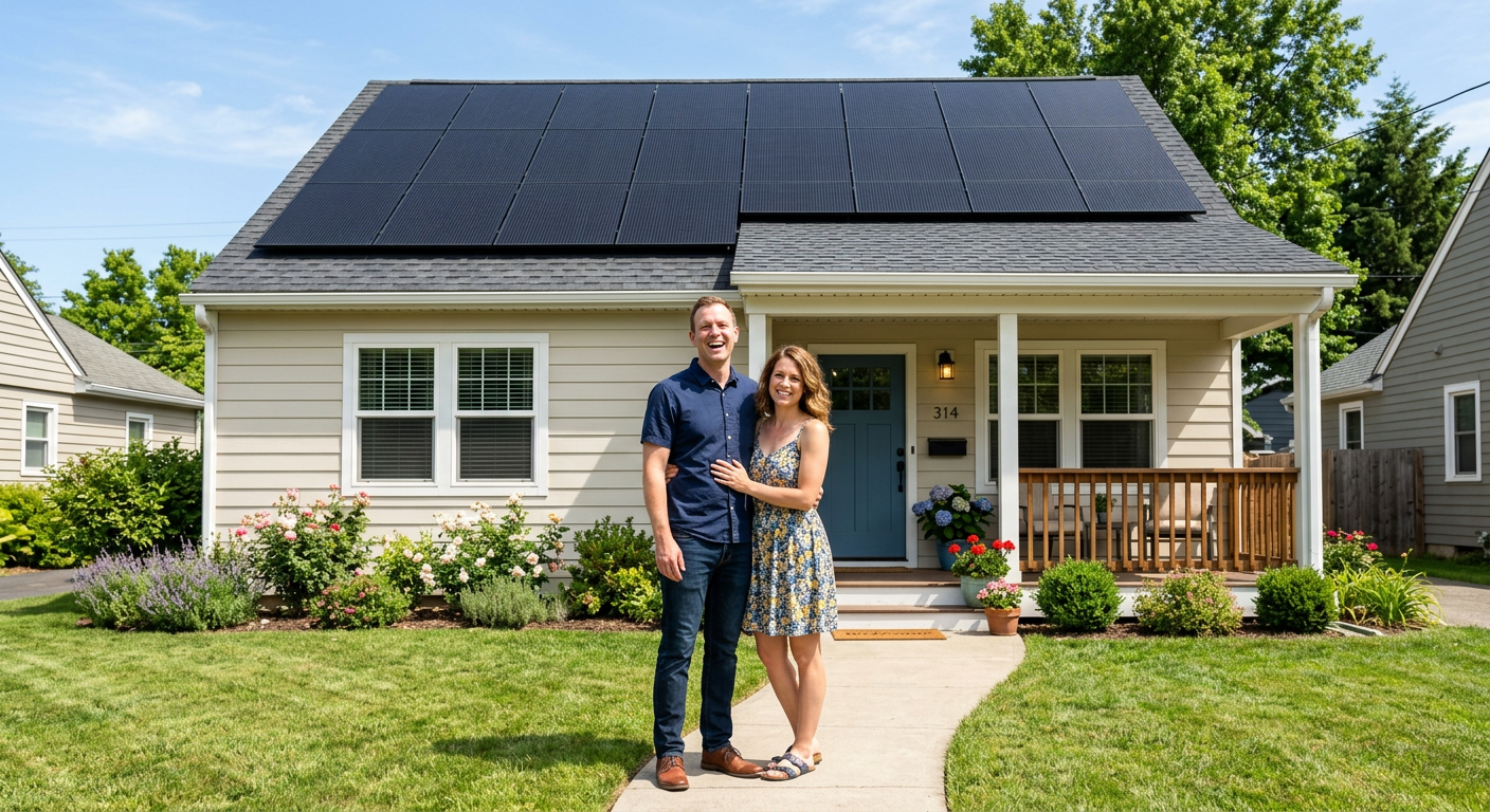 a man and a woman standing outside in front of their house.